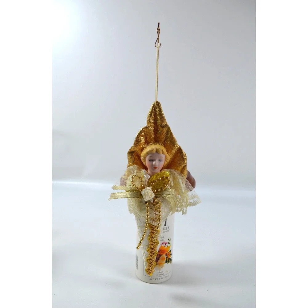 Vintage Porcelain Faced Angel Christmas Tree Ornament in Cone Gown 10